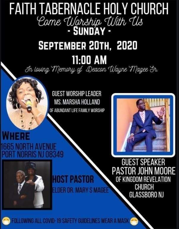 Faith Tabernacle Holy Church service flyer with guest worship leader Ms. Marsha Holland.