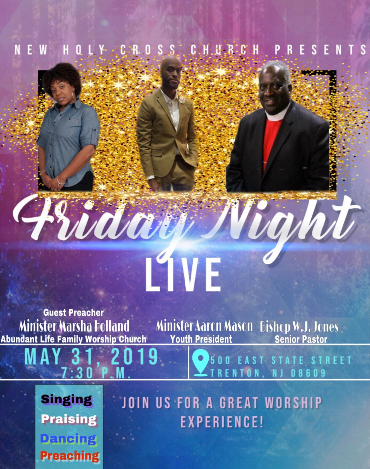 Friday Night Live flyer from New Holy Cross Church with guest preacher Minister Marsha Holland.