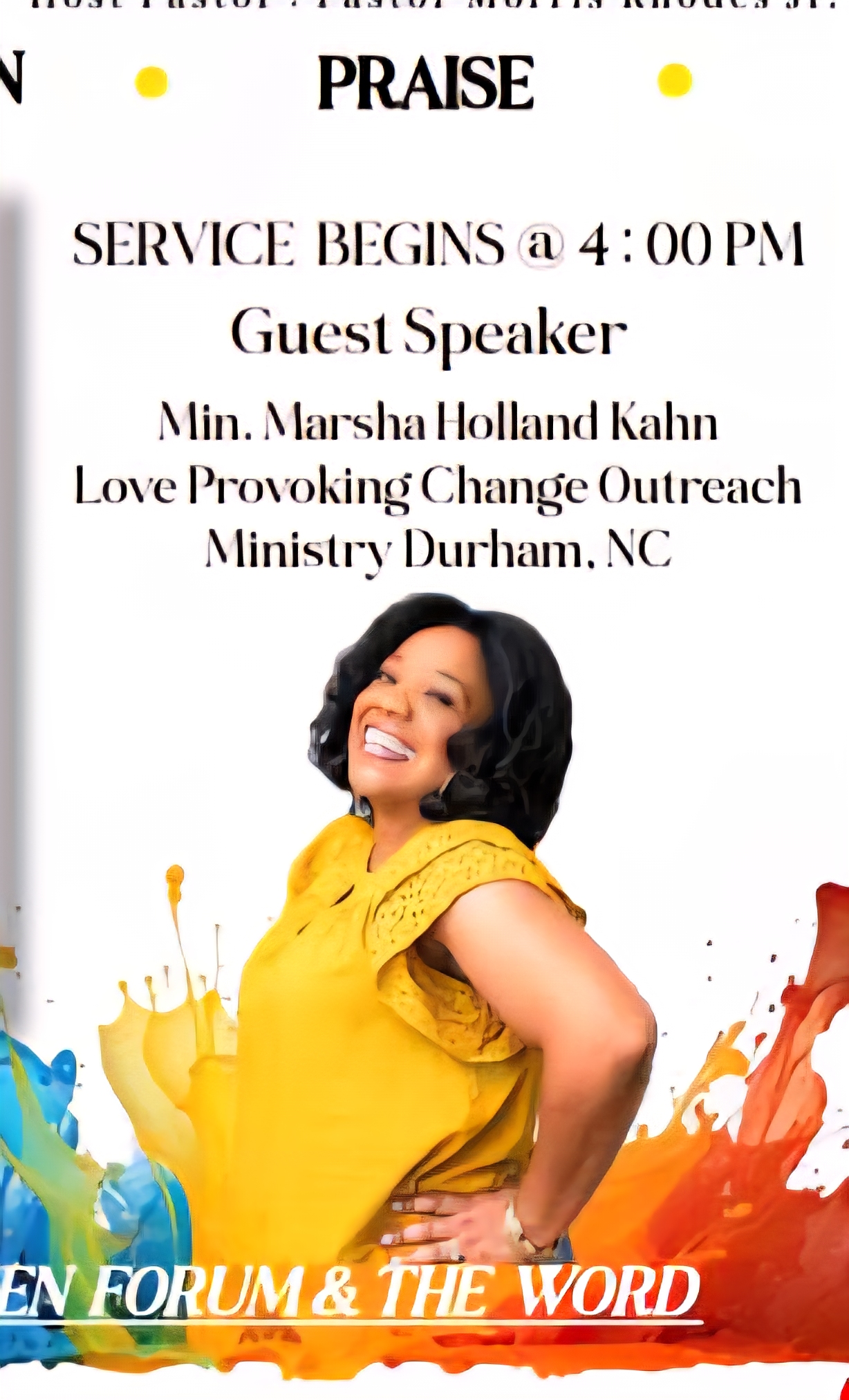 Event flyer announcing Min. Marsha Holland Kahn of Love Provoking Change Outreach Ministry as guest speaker.